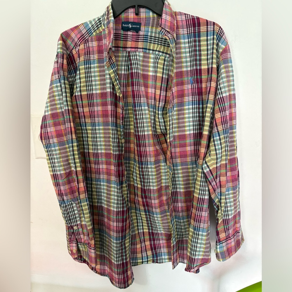Ralph Lauren Shirt Mens XL Pink Yellow Plaid Pony Casual Button Up Long Sleeve